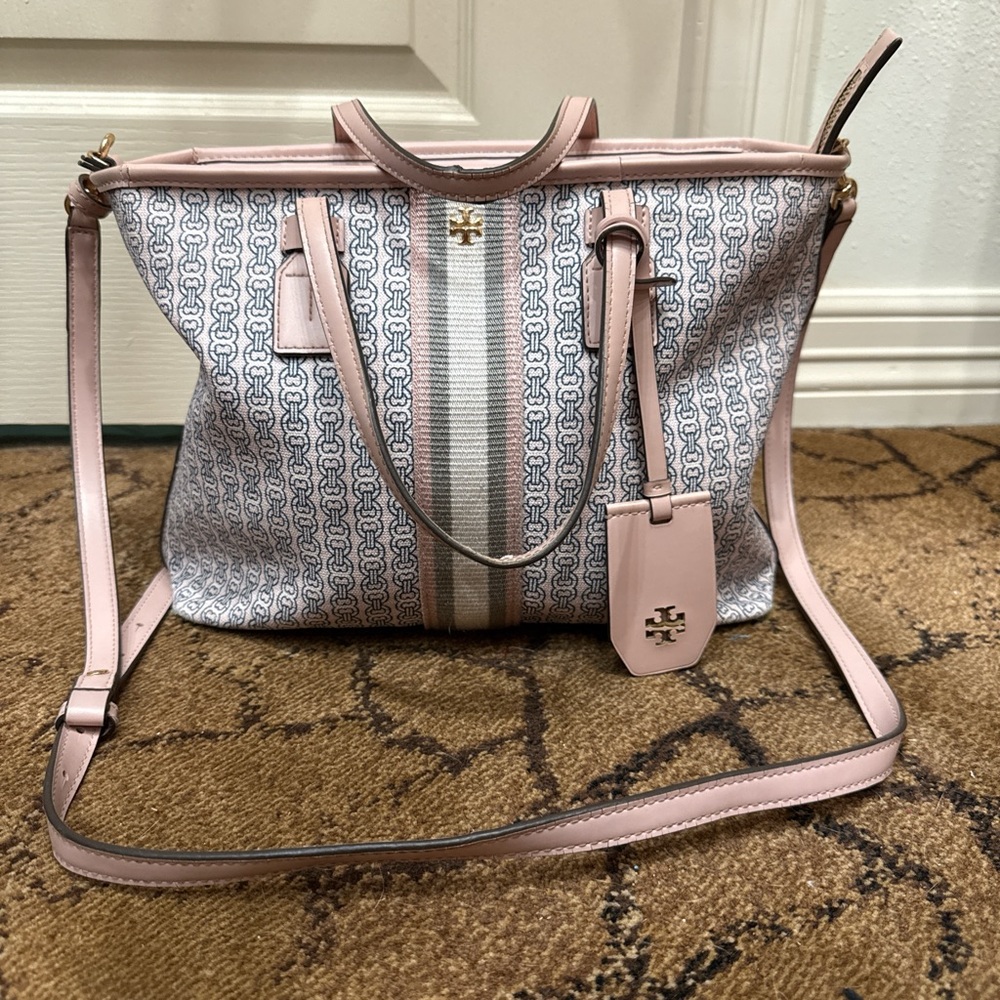 Tory Burch nude pink and gray gemini link canvas tote